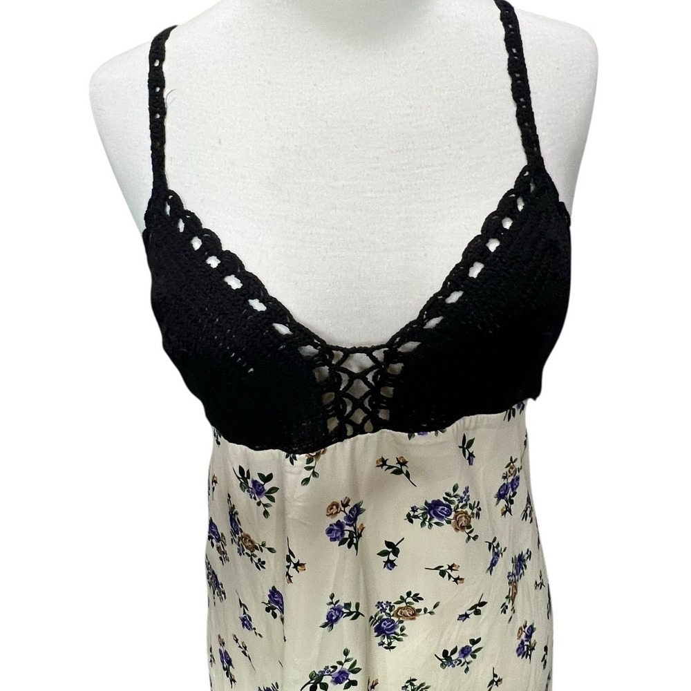 Zara Crochet Satin Maxi Slip Dress Black Cream Lavender Floral Boho Festival‎ S - Picture 3 of 14